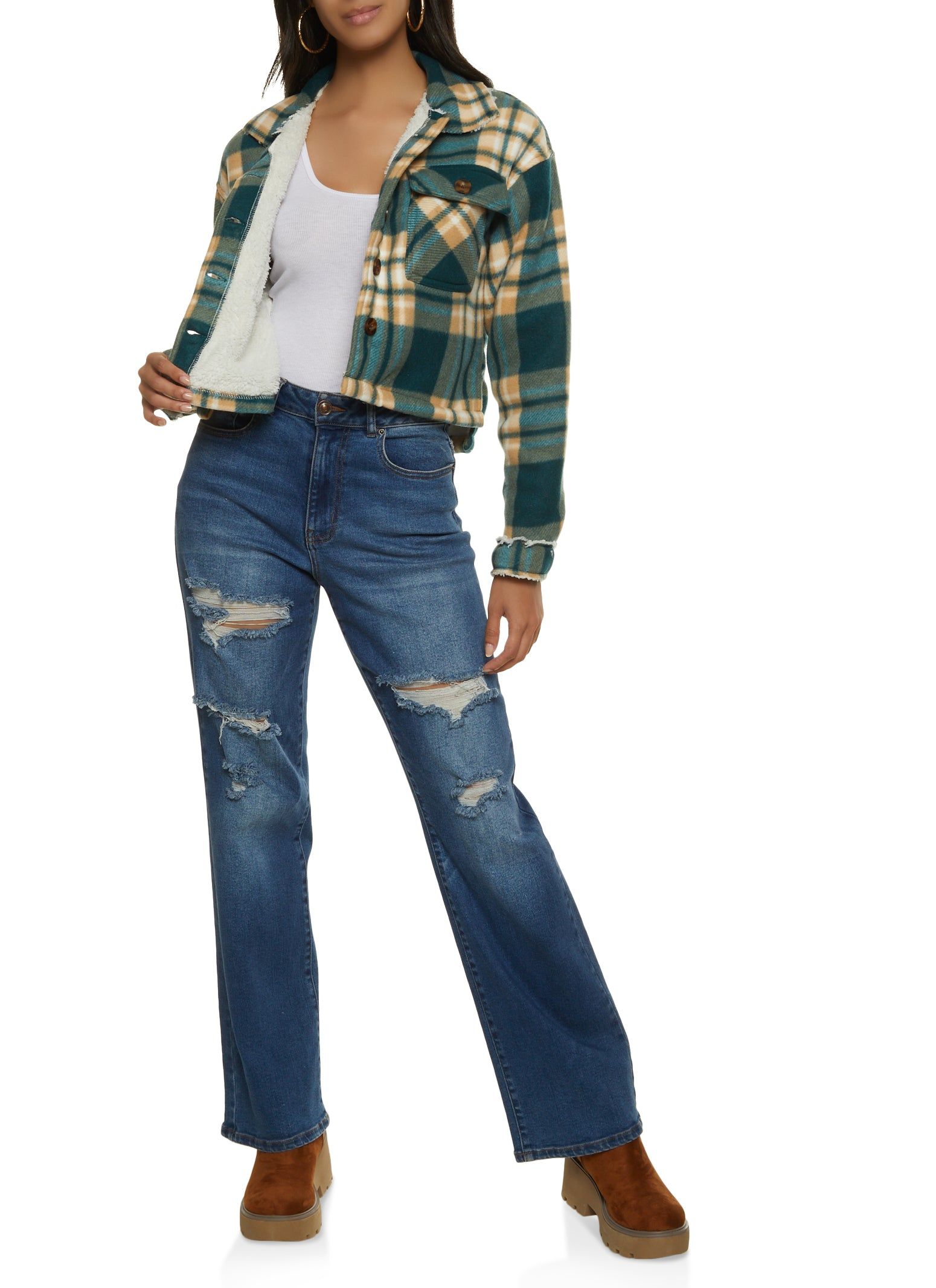 Brushed Knit Sherpa Lined Cropped Shacket sold by Rainbow product image thumbnail 2