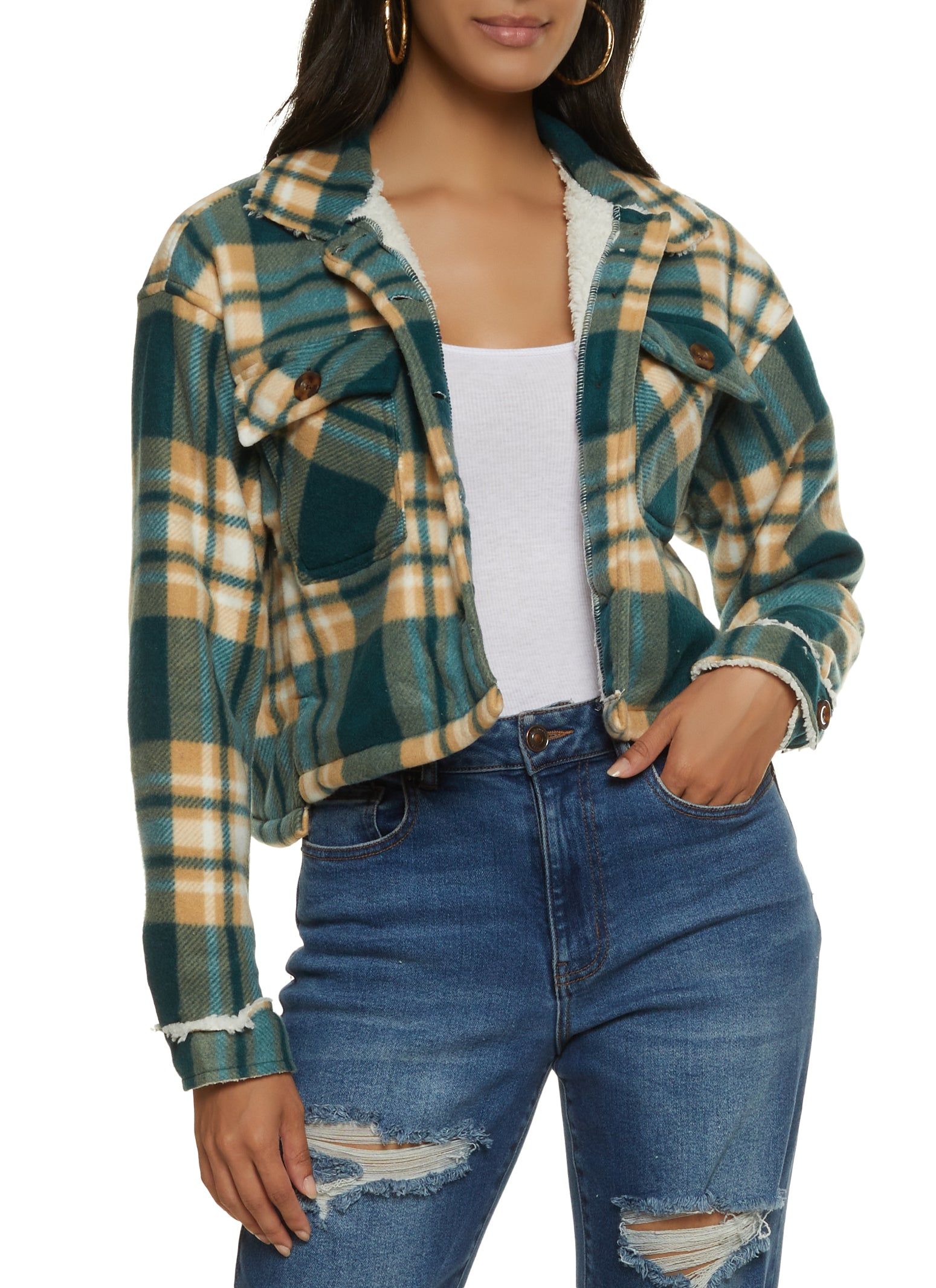 Brushed Knit Sherpa Lined Cropped Shacket sold by Rainbow