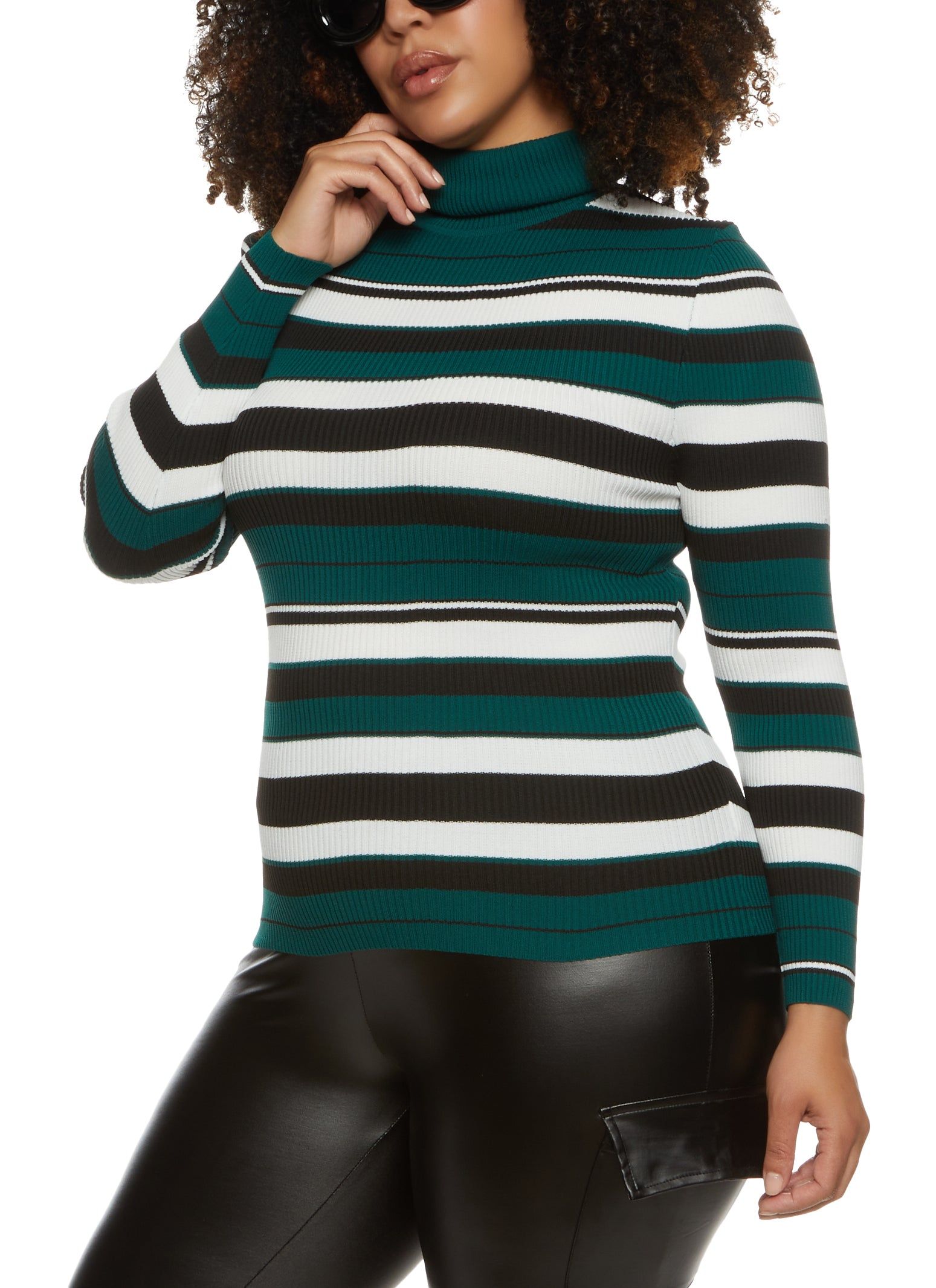 Plus Size Rib Knit Striped Turtleneck Top sold by Rainbow