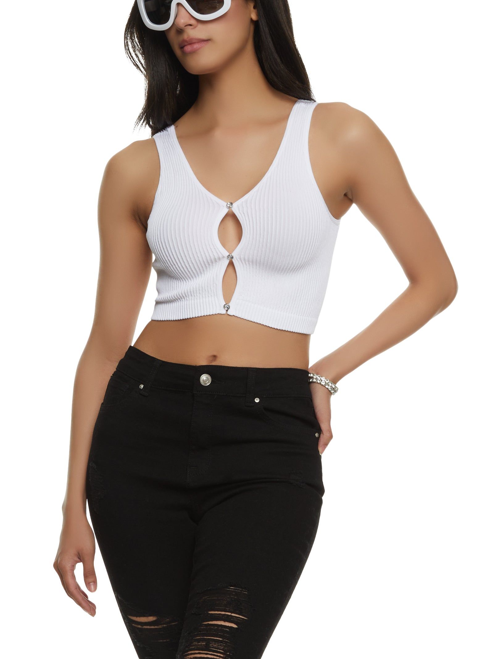 Rhinestone Keyhole Cropped Tank Top sold by Rainbow