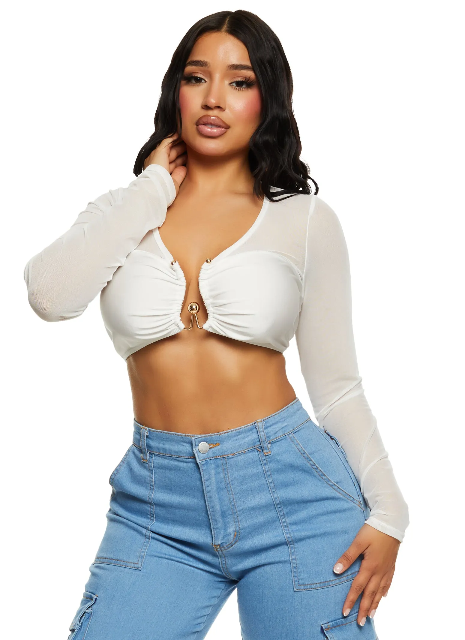 Mesh Metallic Plunge Detail Crop Top sold by Rainbow