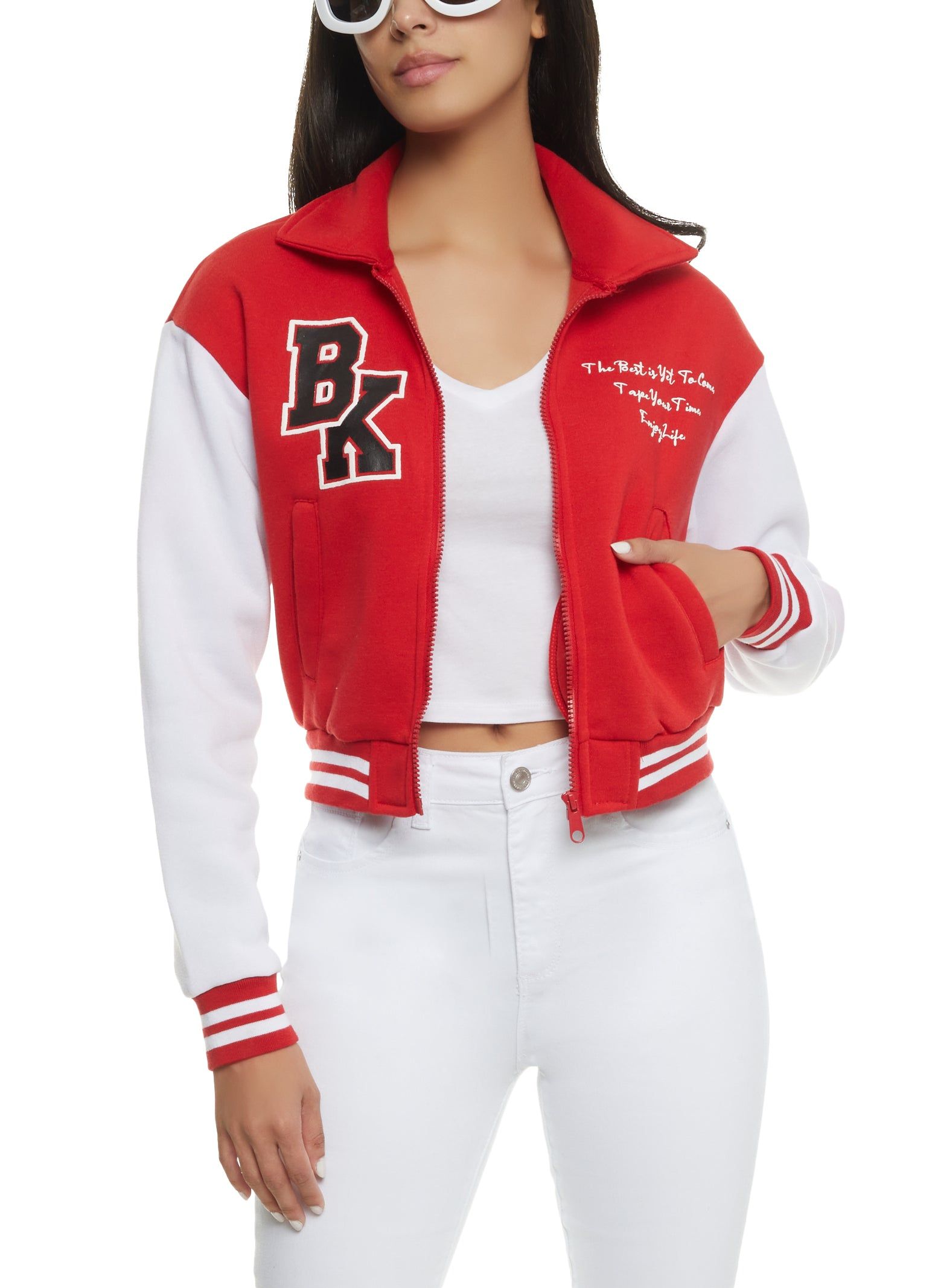 BK Initial Patch Zip Front Varsity Jacket sold by Rainbow