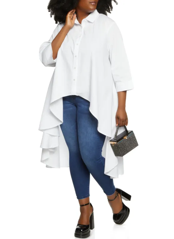 Plus Size Solid High Low Button Down Shirt sold by Rainbow