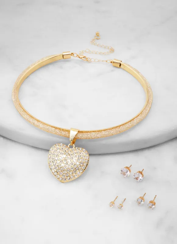 Rhinestone Heart Collar Necklace and Stud Earrings sold by Rainbow