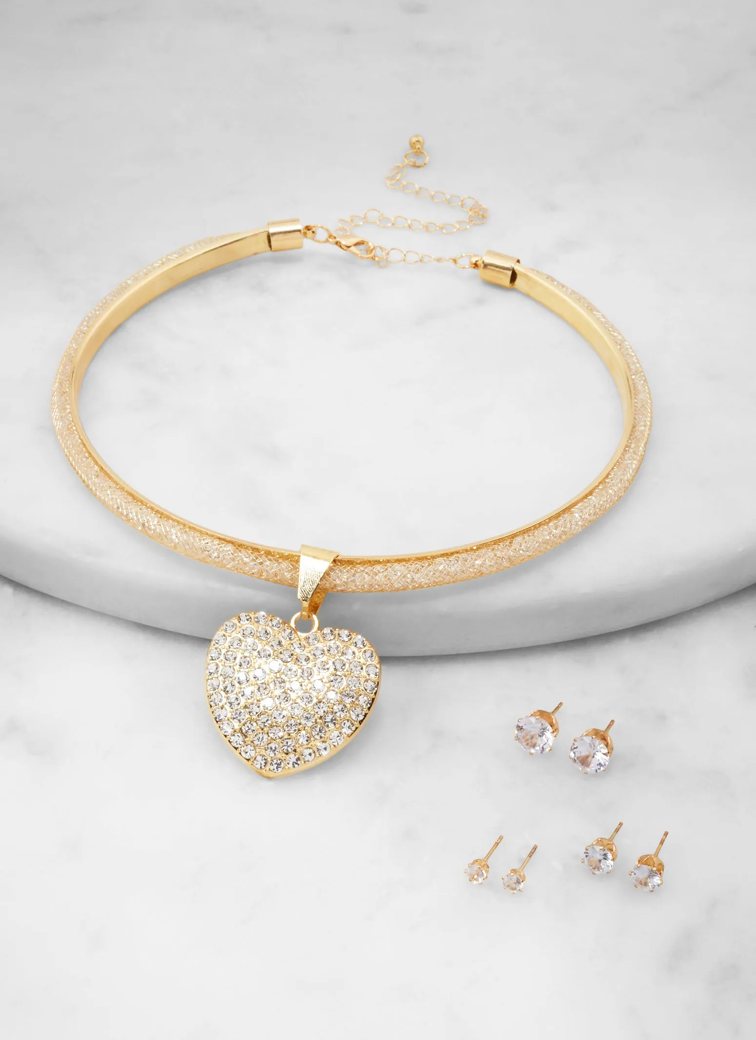 Rhinestone Heart Collar Necklace and Stud Earrings sold by Rainbow