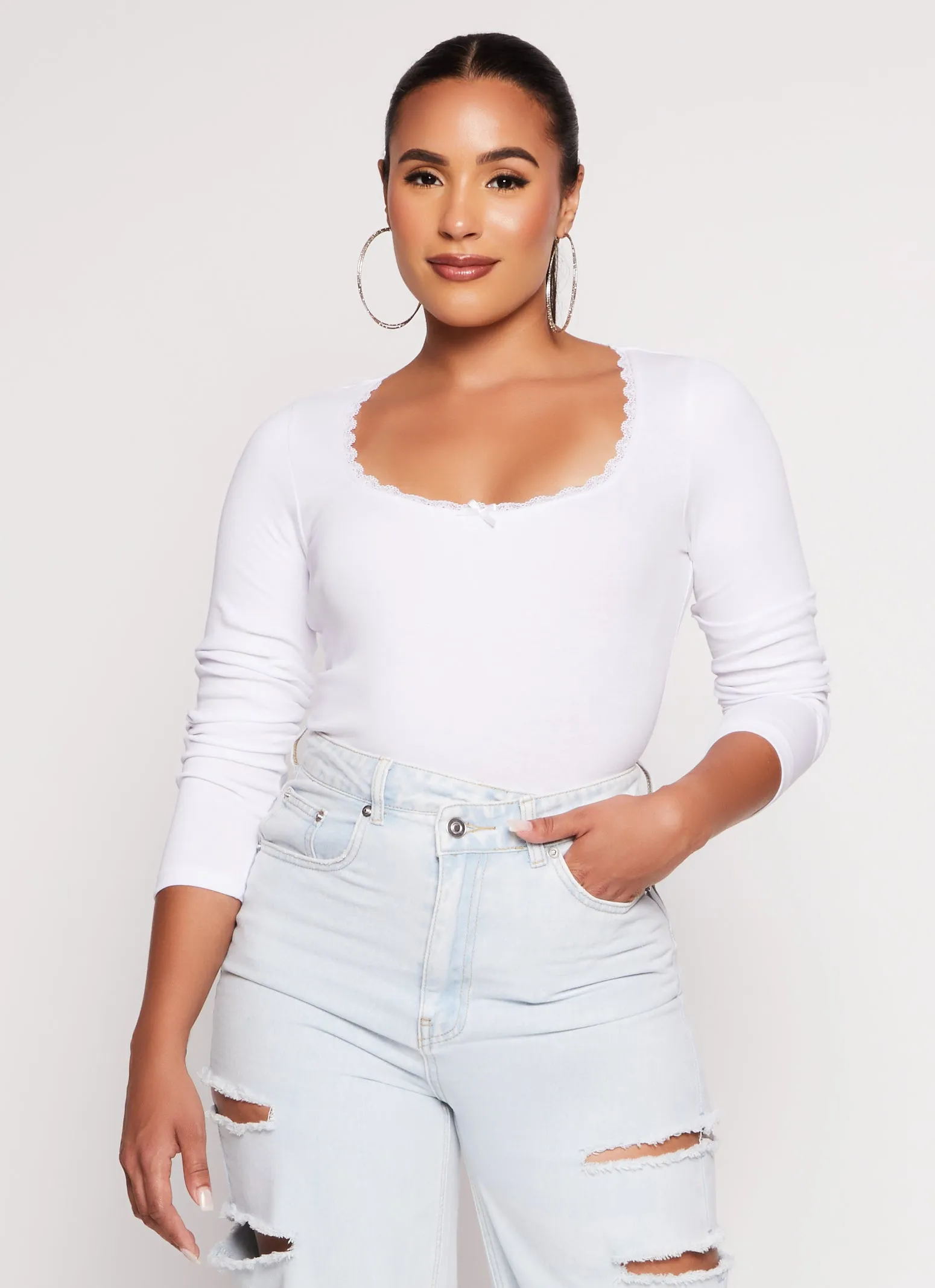 Lace Trim Scoop Neck Long Sleeve Top sold by Rainbow