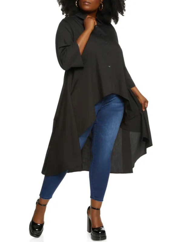 Plus Size Solid High Low Button Down Shirt sold by Rainbow