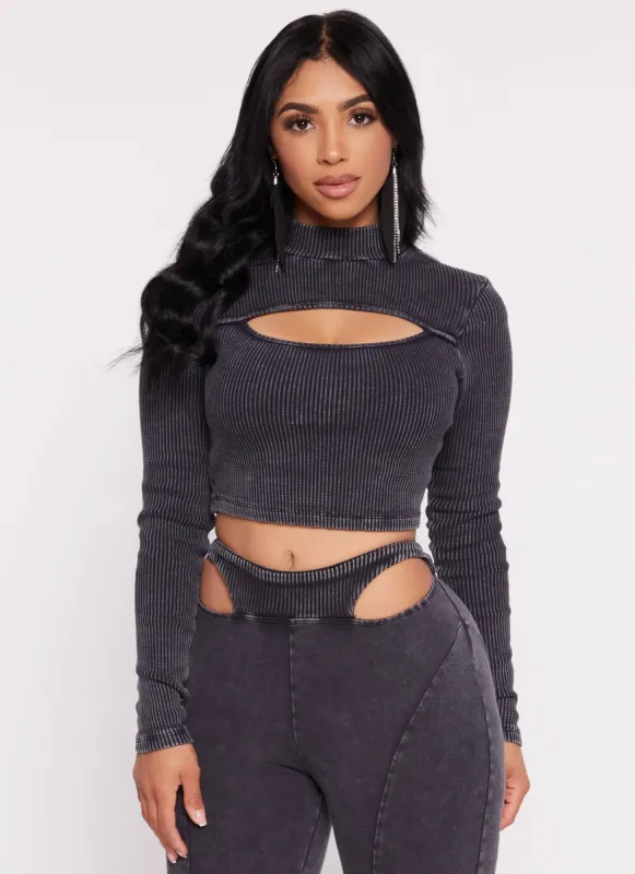 Acid Wash Keyhole Long Sleeve Crop Top sold by Rainbow