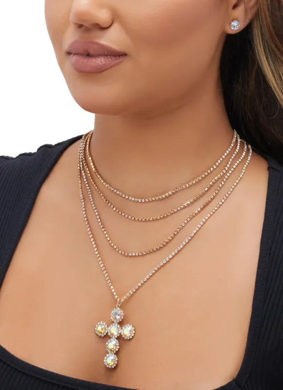 Cubic Zirconia Cross Layered Necklace with Stud Earrings sold by Rainbow