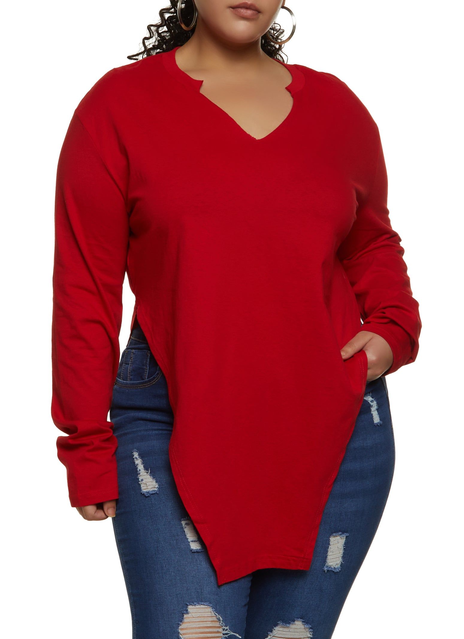 Plus Size Notch Neck Hanky Hem Tee sold by Rainbow