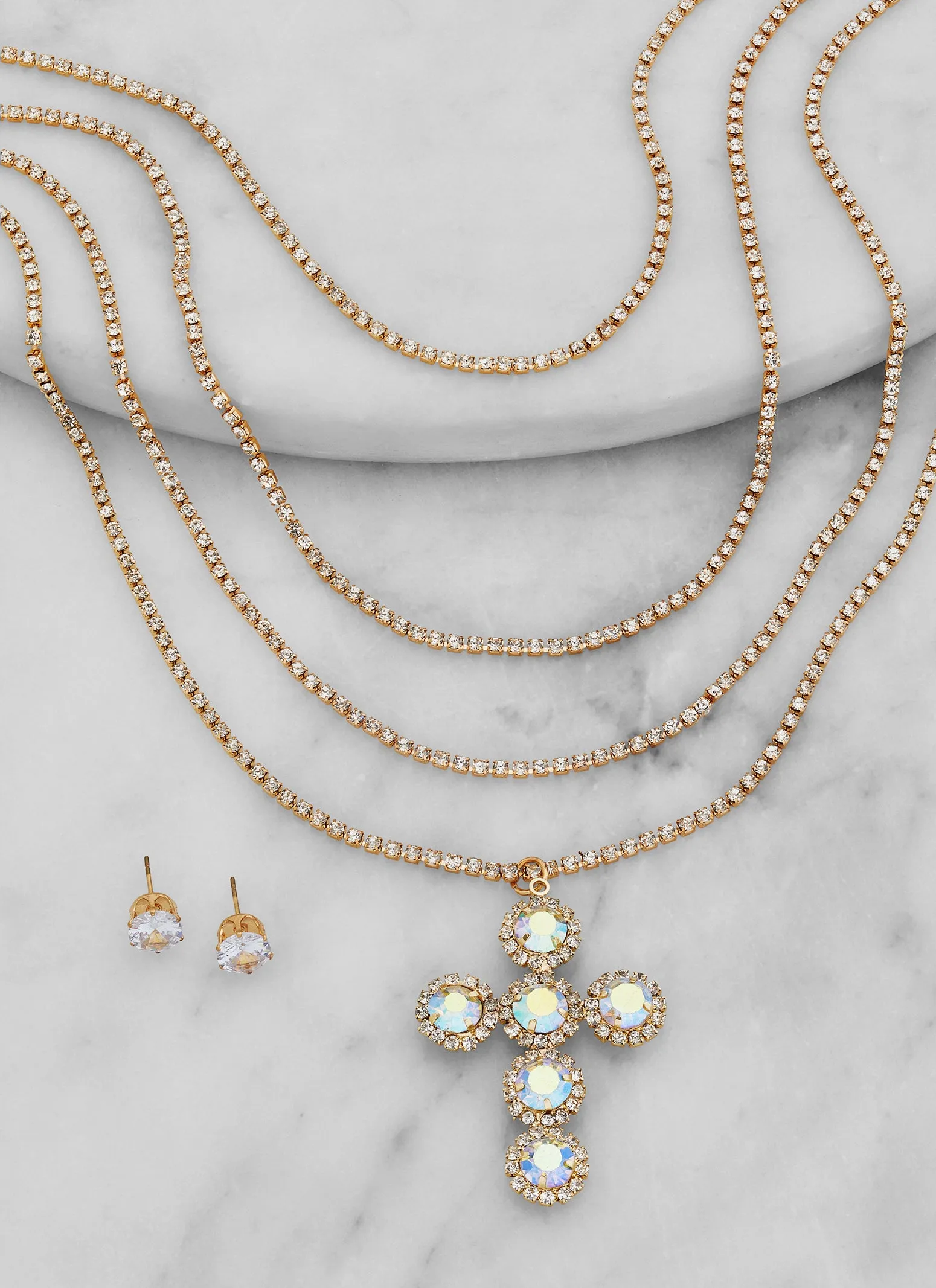 Cubic Zirconia Cross Layered Necklace with Stud Earrings sold by Rainbow product image thumbnail 2