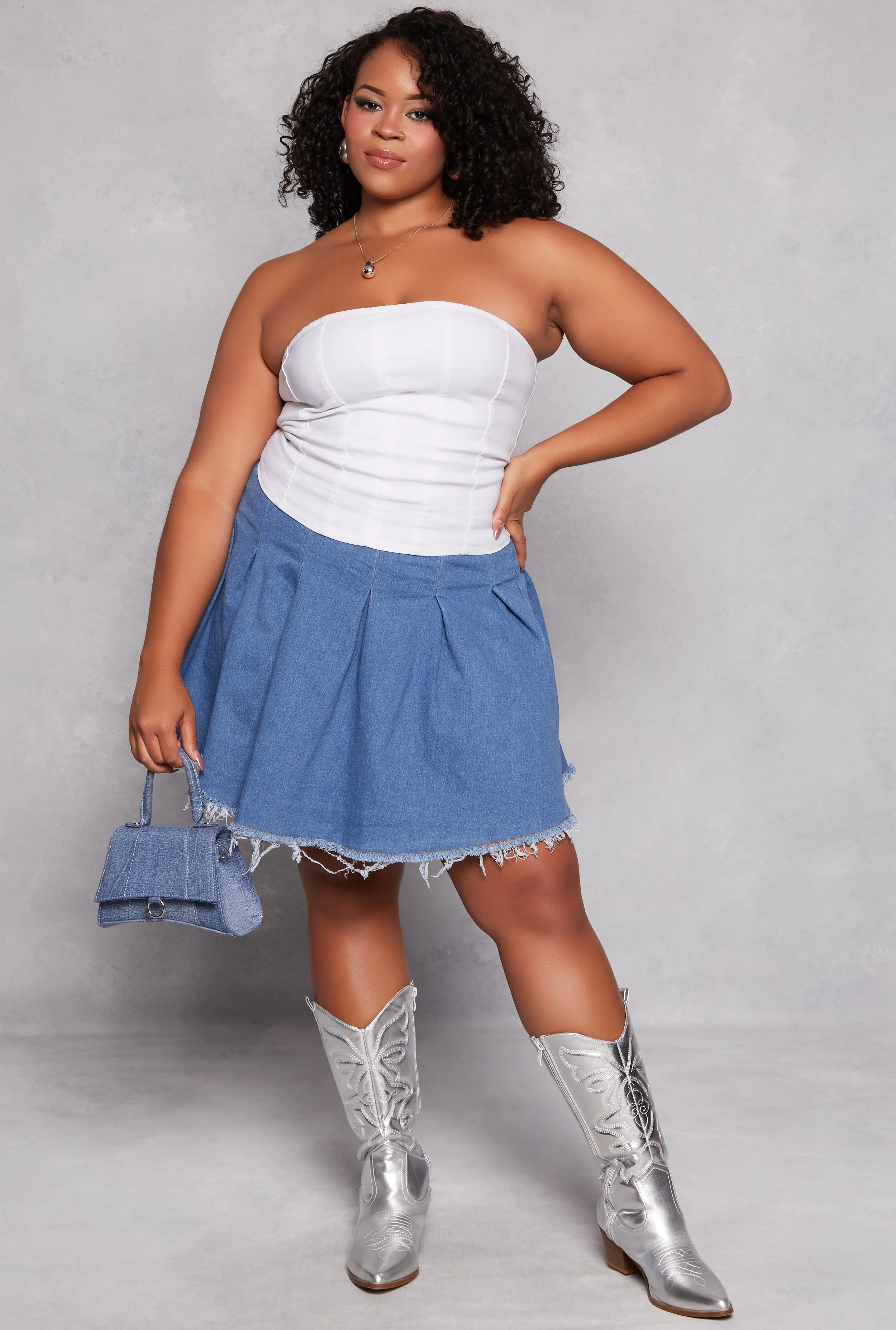 Plus Size Daisy Denim Frayed Hem Pleated Skirt sold by Rainbow