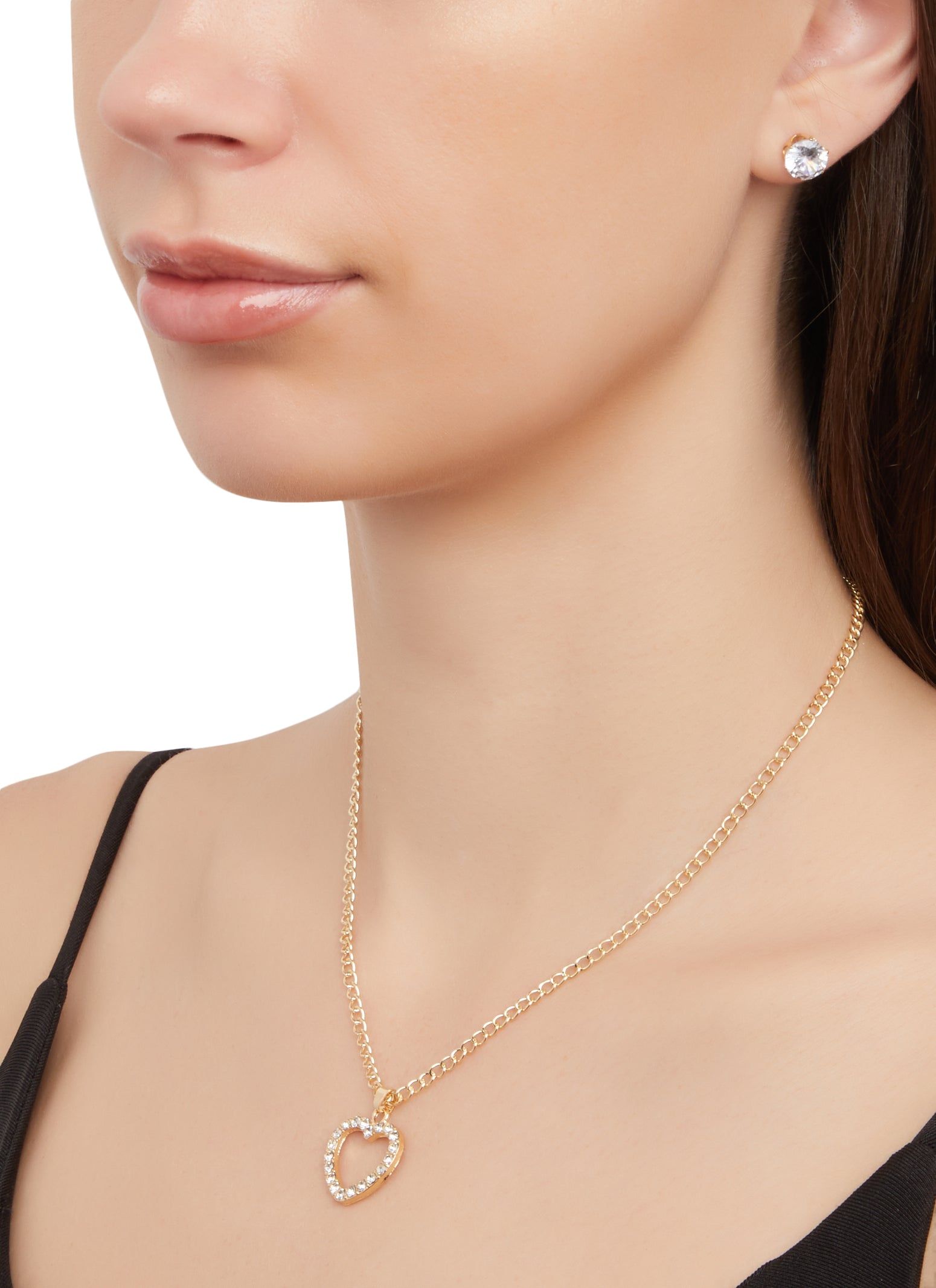 Rhinestone Heart Chain Necklace and Stud Earrings sold by Rainbow