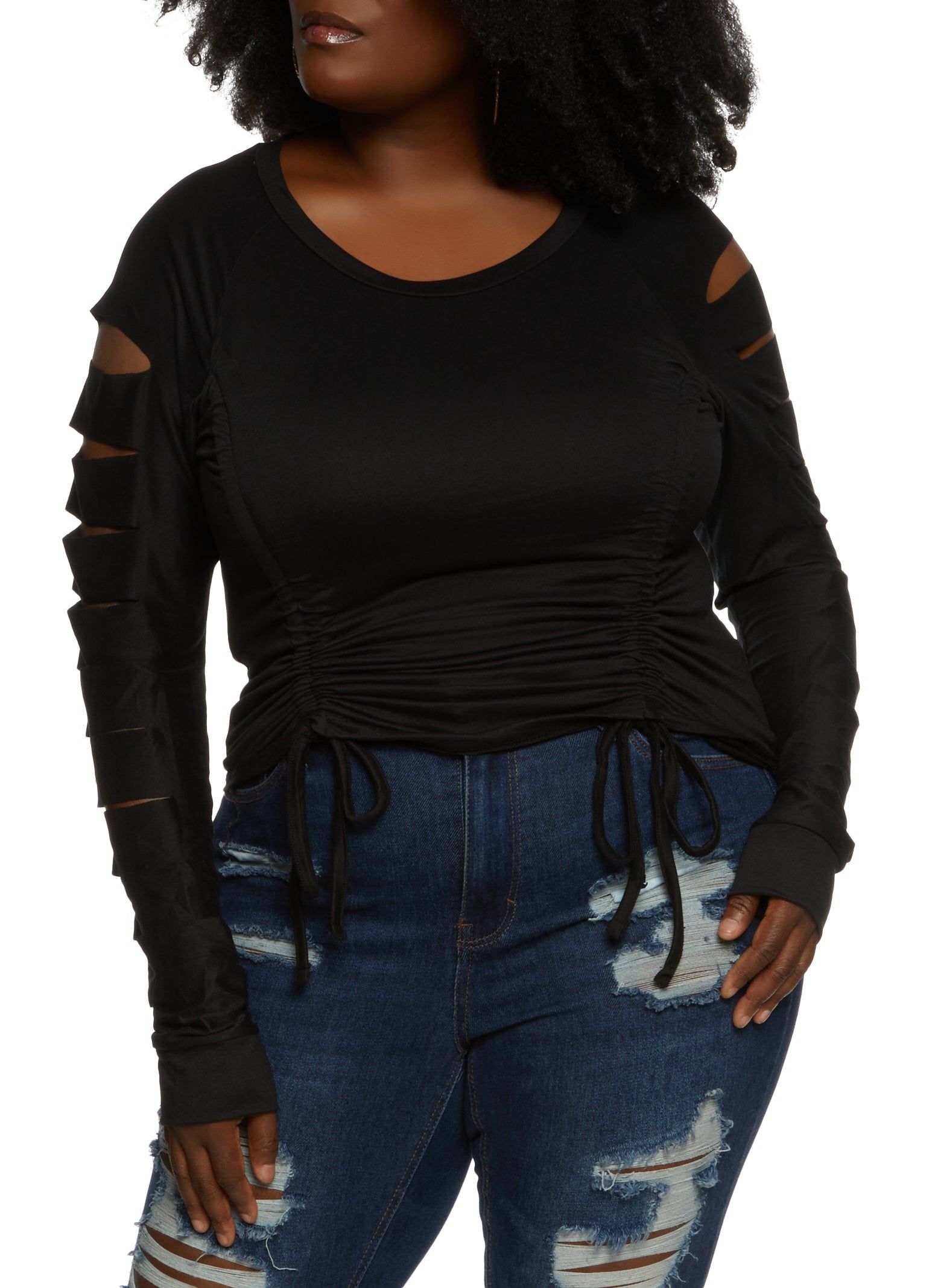 Plus Size Laser Cut Sleeve Ruched Top sold by Rainbow