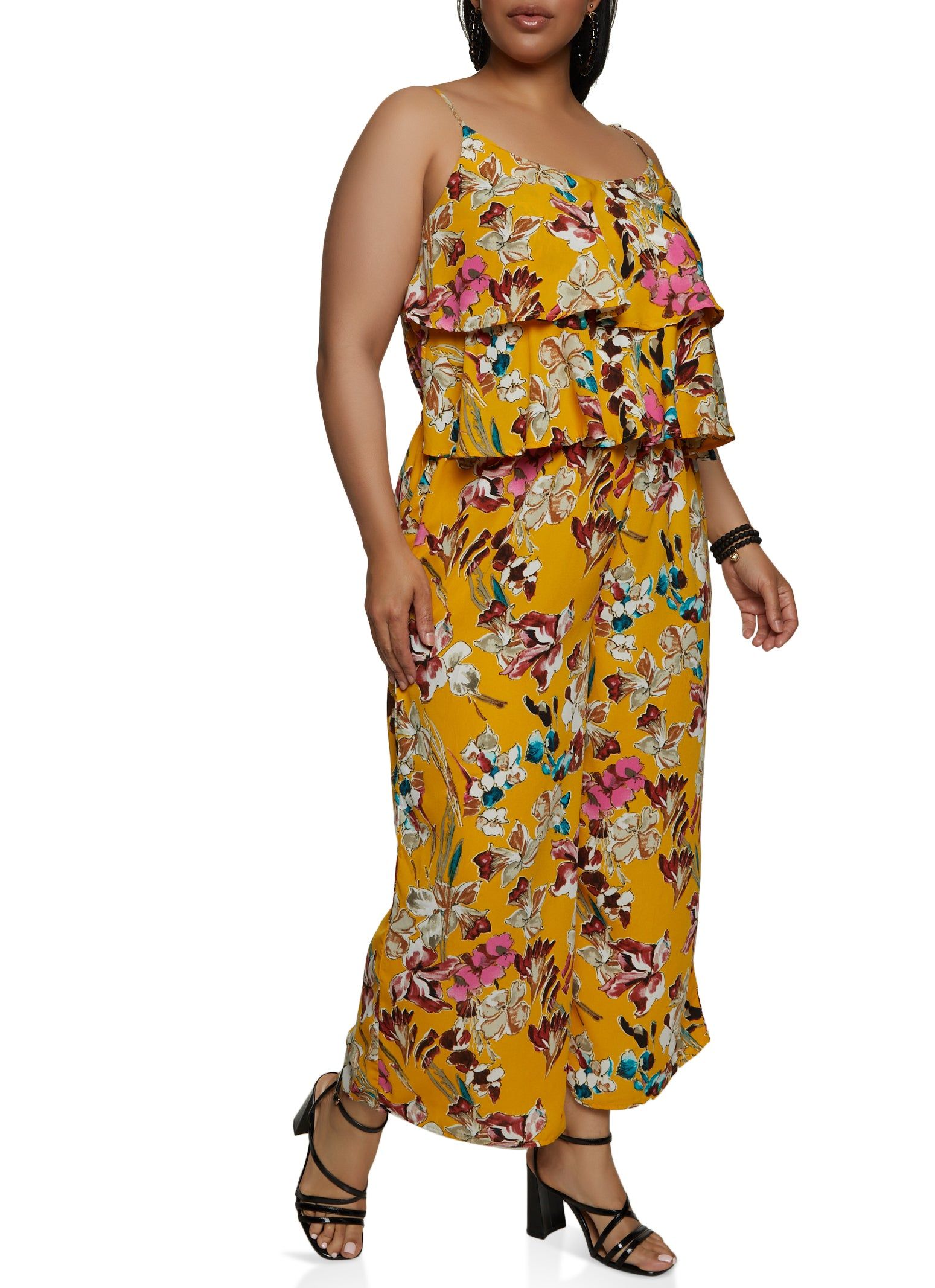 Plus Size Floral Ruffled Wide Leg Jumpsuit sold by Rainbow