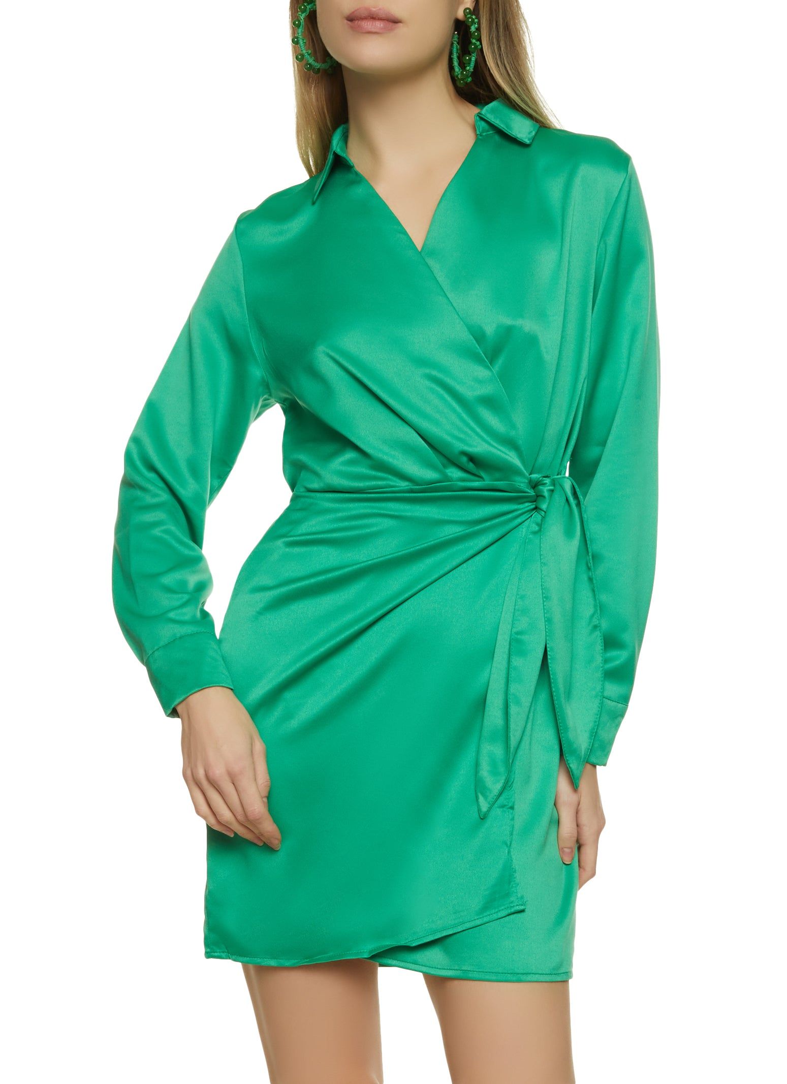 Satin Tie Side Long Sleeve Mini Wrap Dress sold by Rainbow