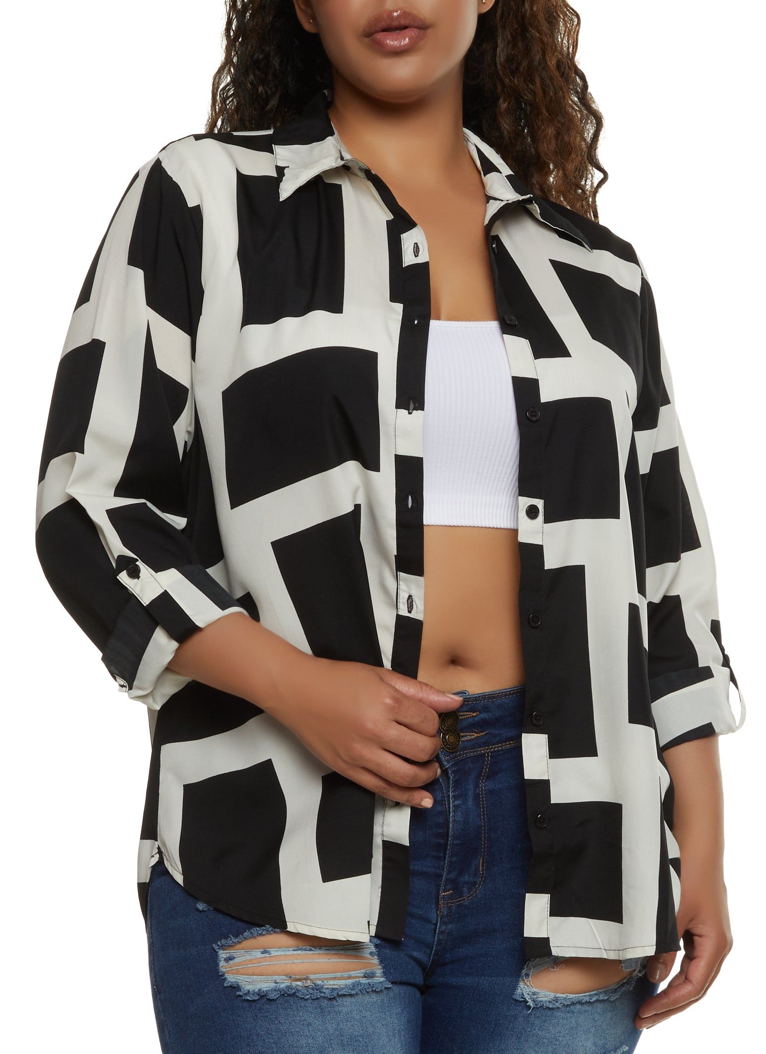 Plus Size Geometric Print Button Down Shirt sold by Rainbow