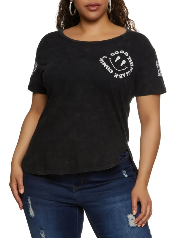 Plus Size Acid Wash Good Things Are Coming Graphic Tee sold by Rainbow