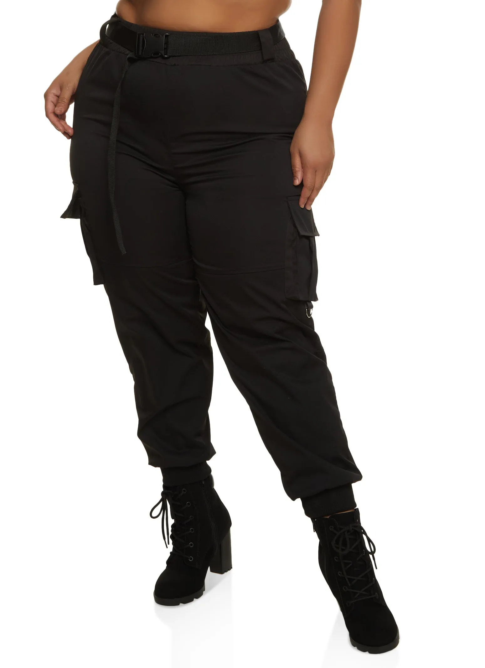 Plus Size Belted High Waist Cargo Joggers sold by Rainbow