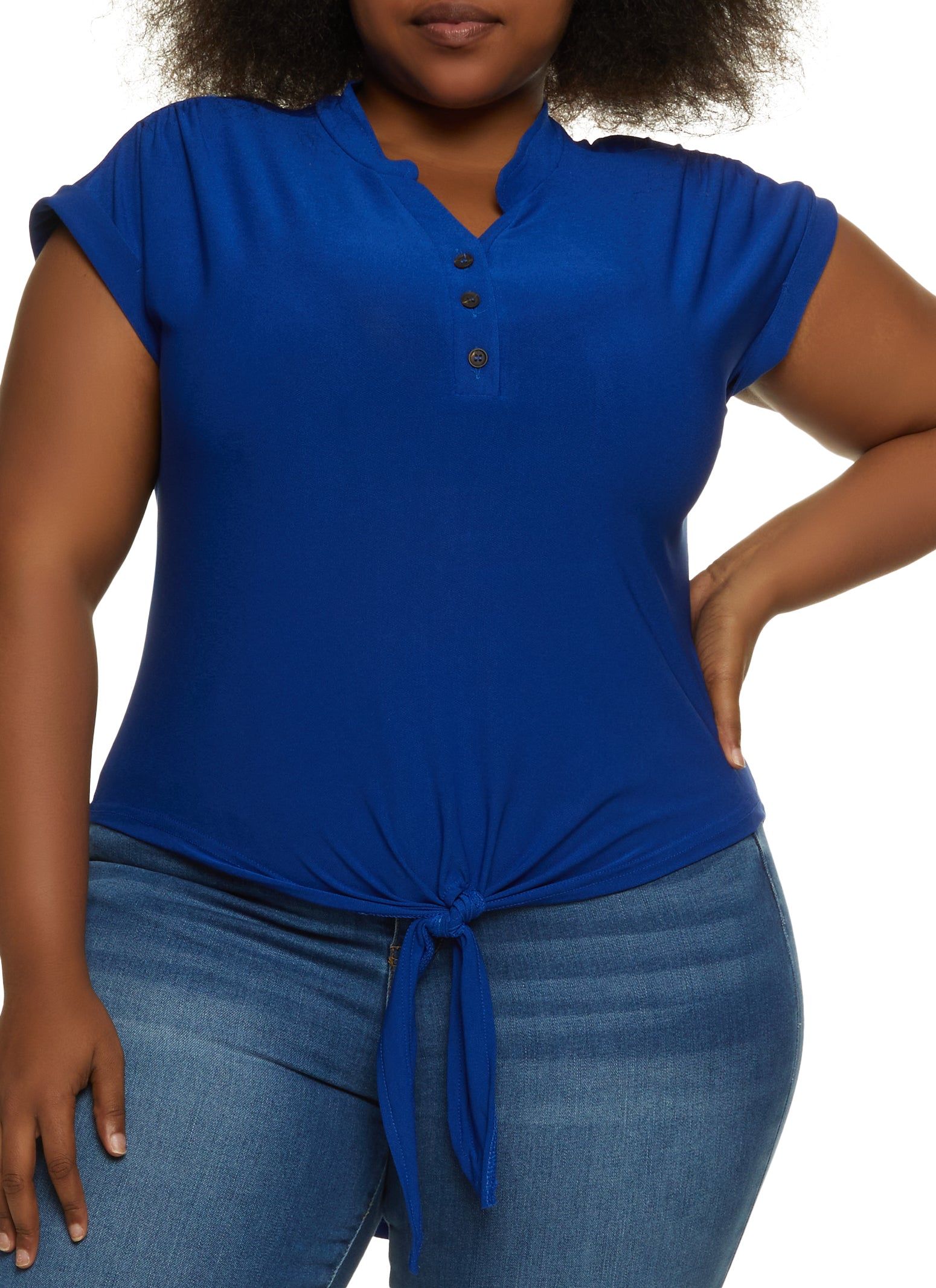 Plus Size Half Button Tie Front High Low Top sold by Rainbow