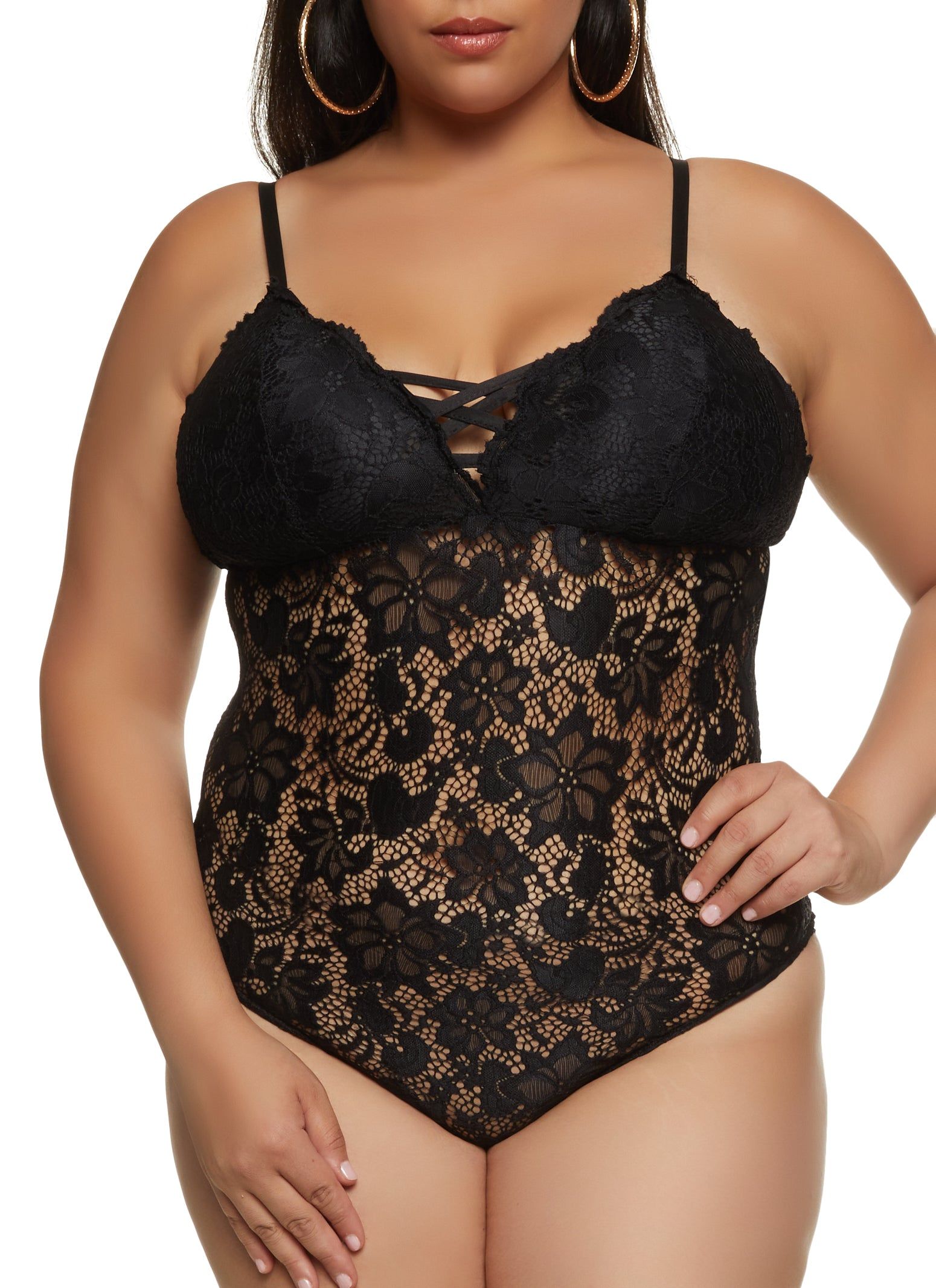 Plus Size Floral Lace Caged Bodysuit sold by Rainbow