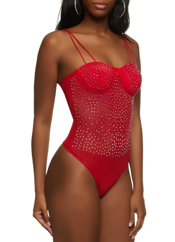 Rhinestone Studded Strappy Bustier Bodysuit sold by Rainbow