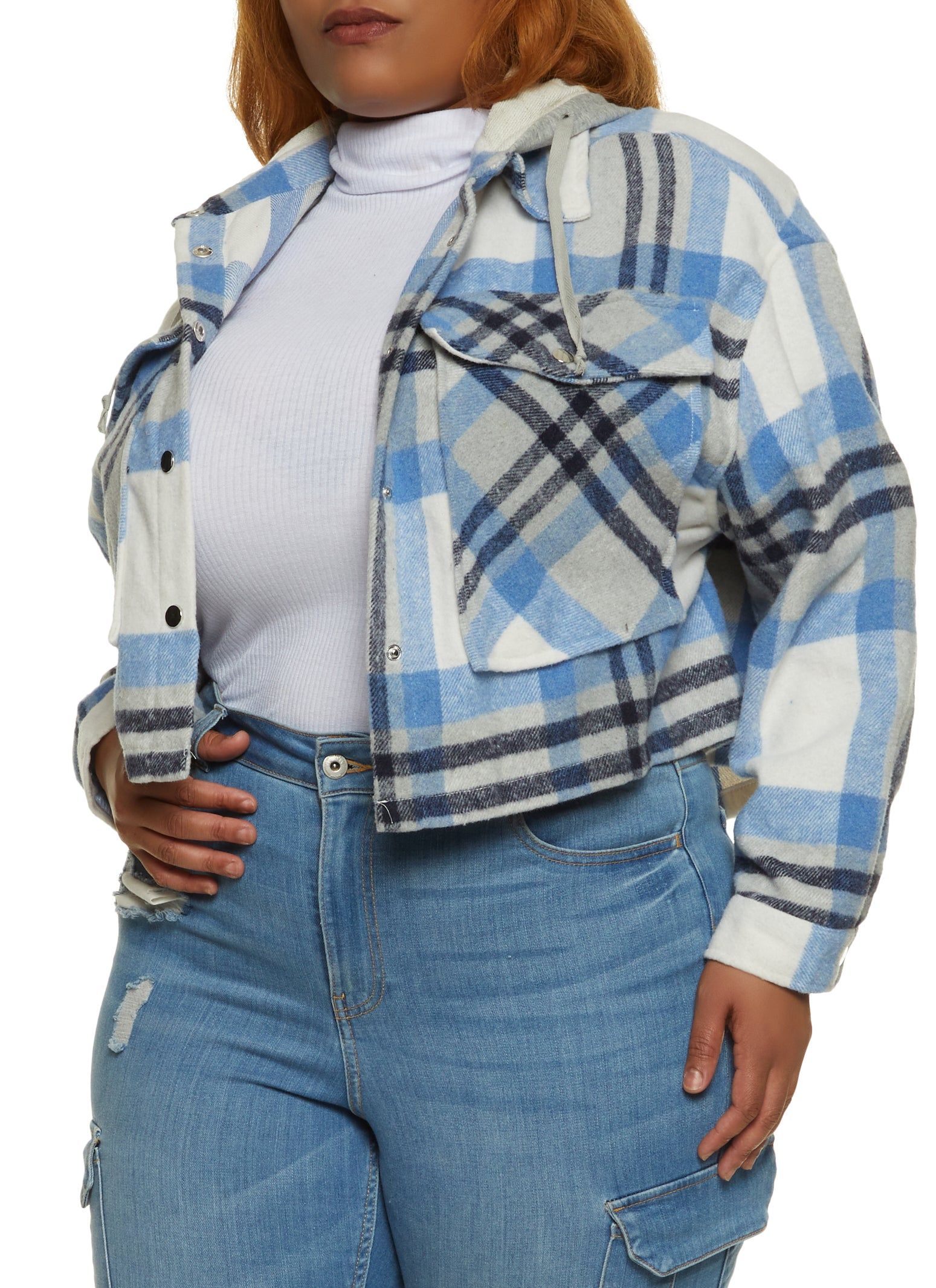Plus Size Plaid Hooded Cropped Shacket sold by Rainbow