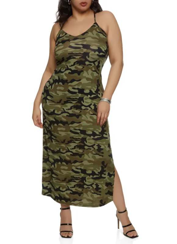Plus Size Camo V Neck Side Slit Maxi Dress made by Rainbow