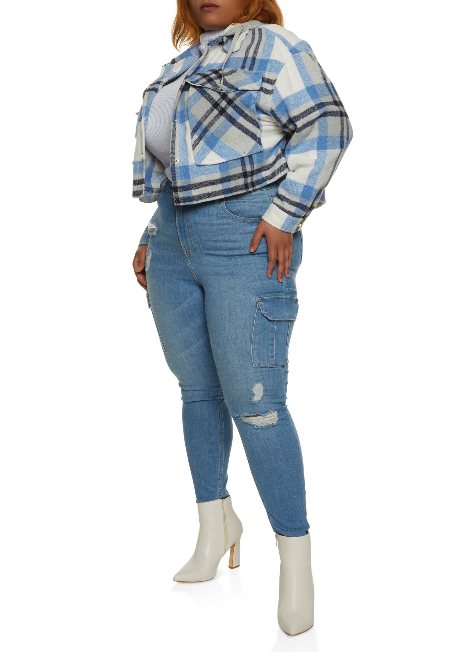 Plus Size Plaid Hooded Cropped Shacket sold by Rainbow product image thumbnail 2