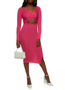 Ribbed Twist Front Cut Out Midi Dress sold by Rainbow