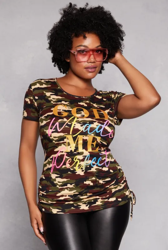 Plus Size Camo God Made Me Perfect Graphic Tee sold by Rainbow