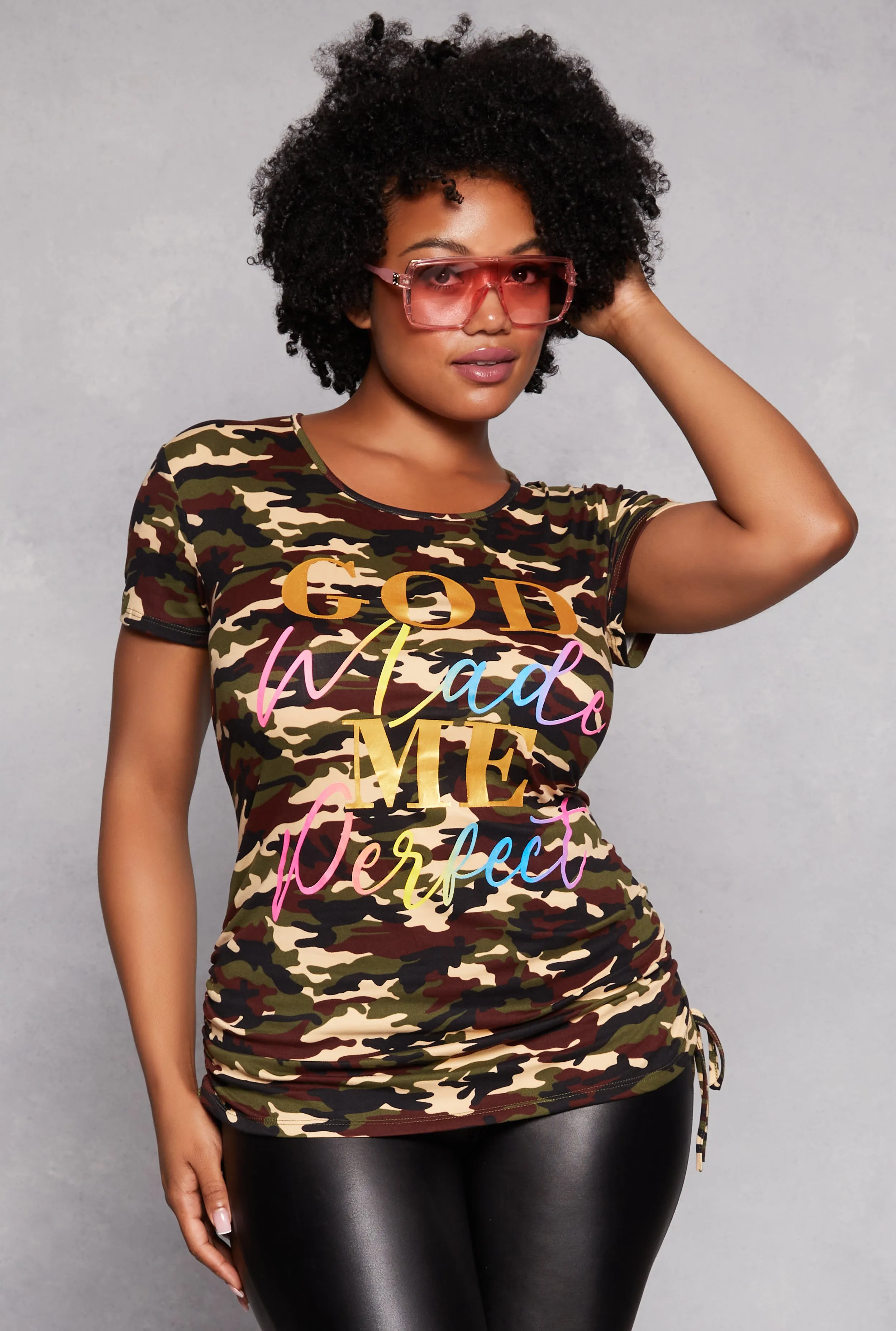 Plus Size Camo God Made Me Perfect Graphic Tee sold by Rainbow