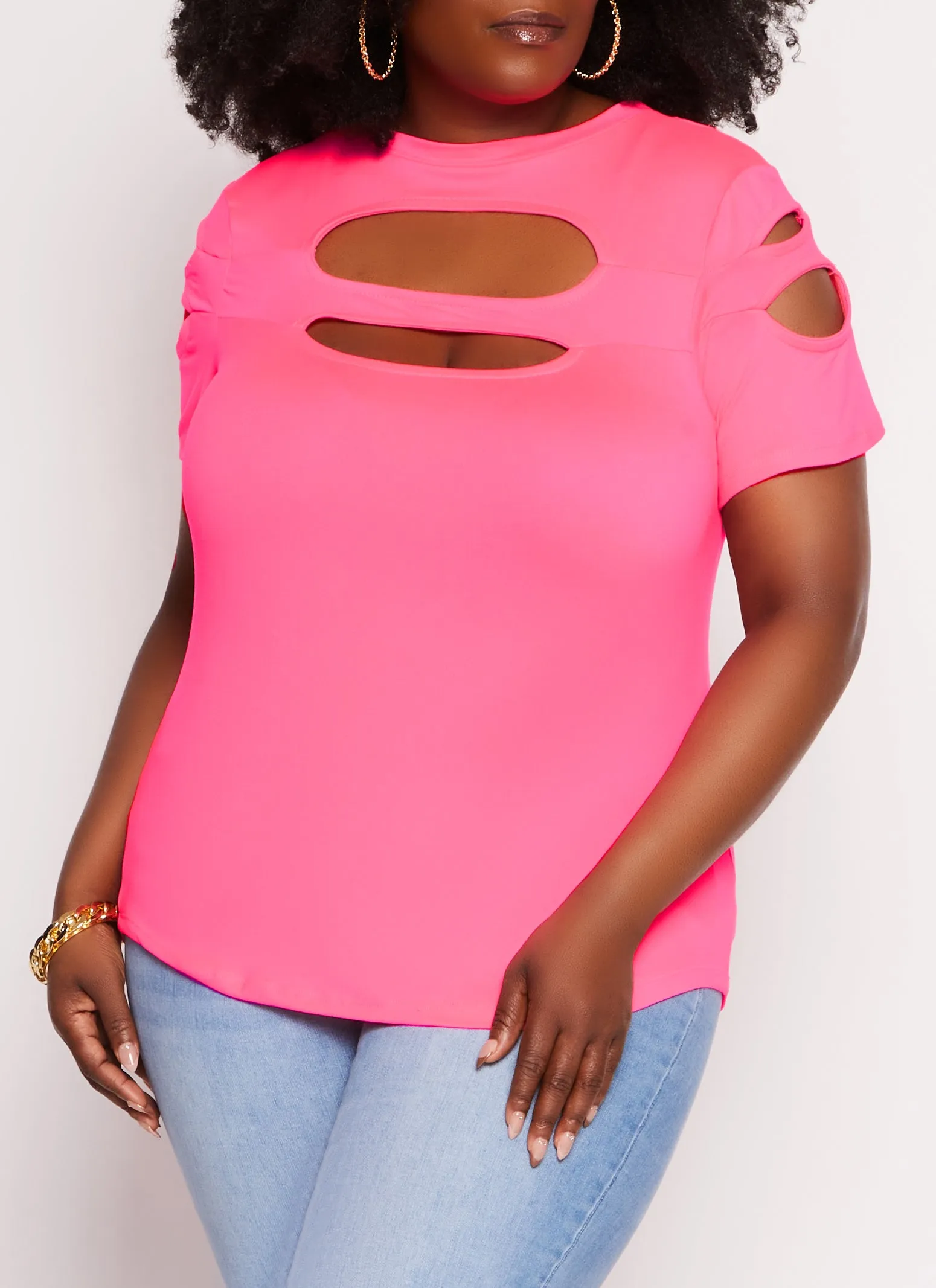 Plus Size Cut Out Crew Neck T Shirt sold by Rainbow