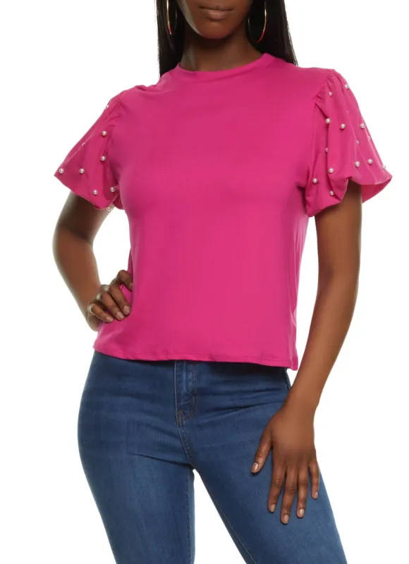 Faux Pearl Puff Sleeve Crew Neck Top sold by Rainbow