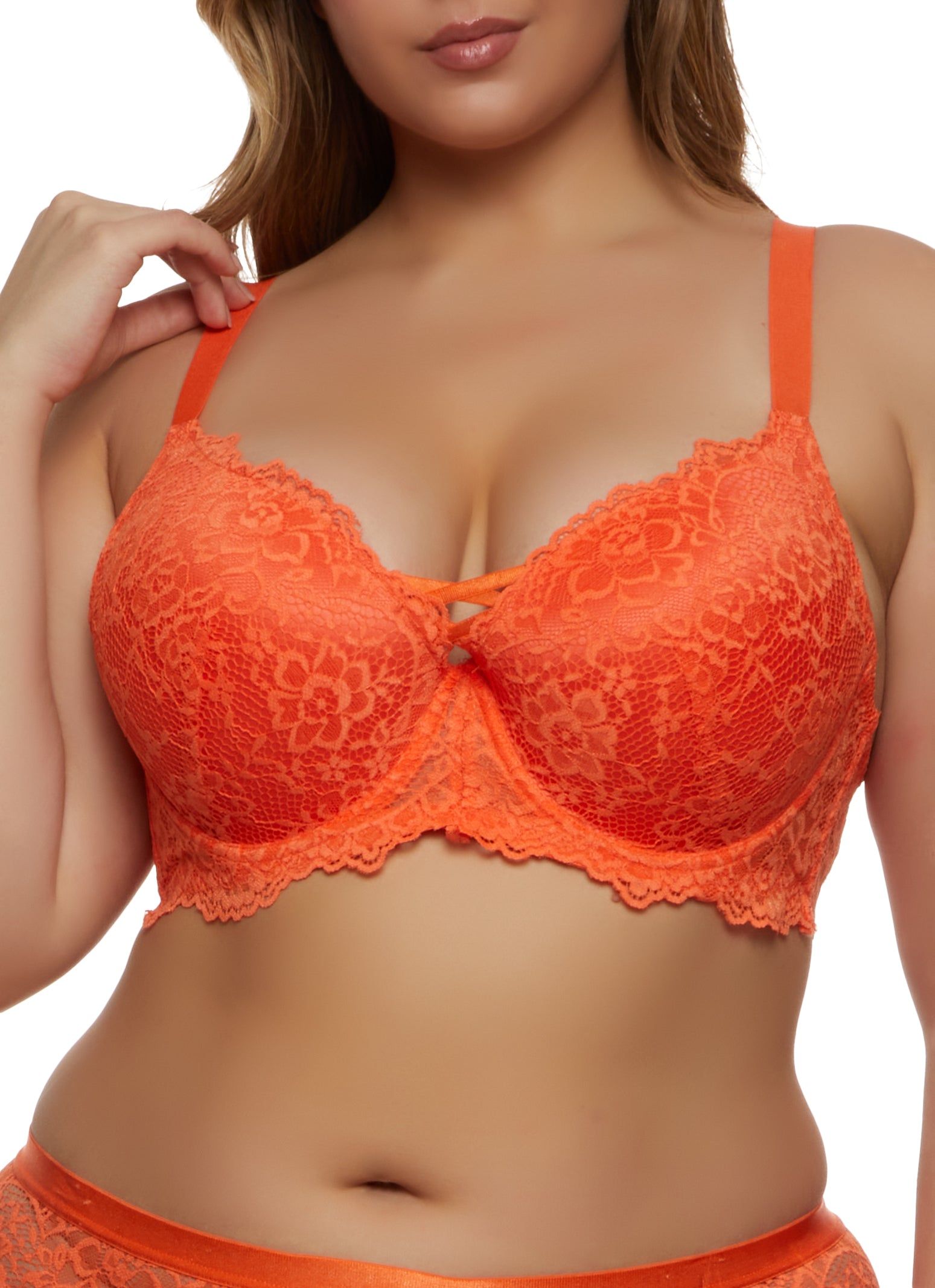 Plus Size Floral Lace Caged Front Plunge Bra sold by Rainbow