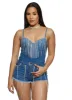 Haute Monde Rhinestone Fringe Denim Bodysuit sold by Rainbow