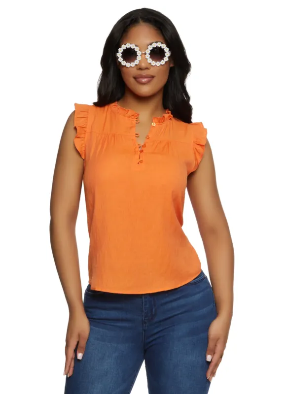 Iris Gauze Knit Ruffle Trim Button Front Blouse sold by Rainbow