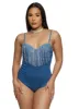 Haute Monde Rhinestone Fringe Denim Bodysuit sold by Rainbow
