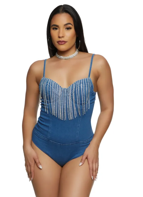 Haute Monde Rhinestone Fringe Denim Bodysuit sold by Rainbow
