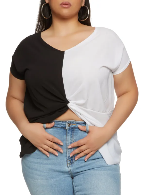 Plus Size Color Block Twist Front Top sold by Rainbow