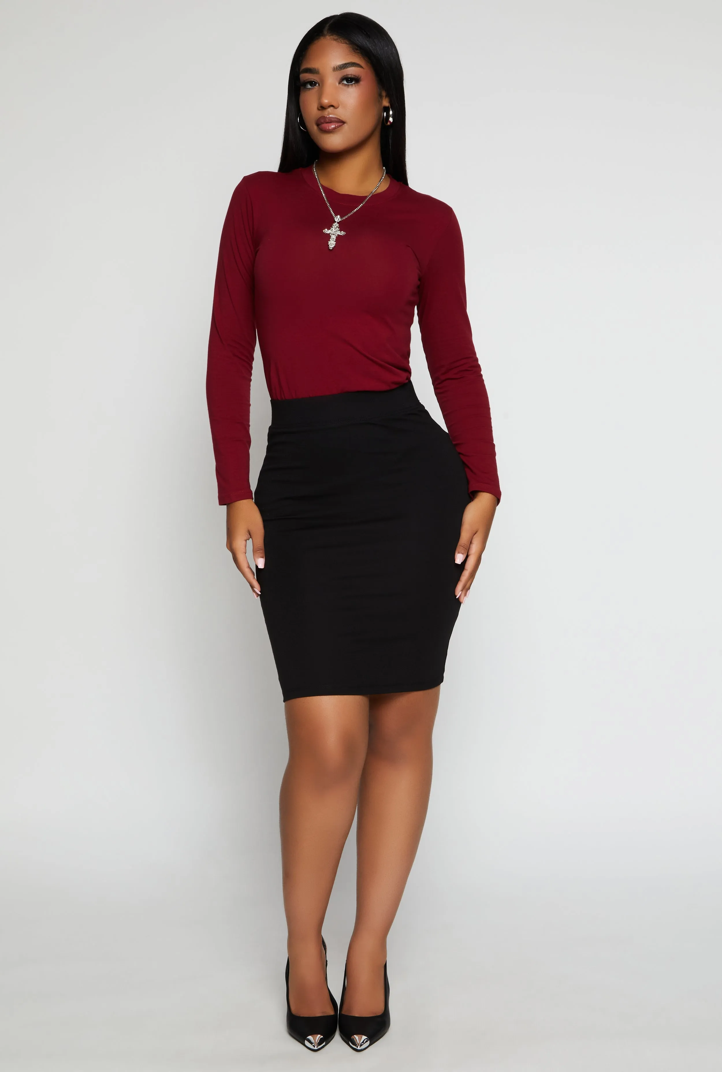 Ponte High Waisted Midi Pencil Skirt sold by Rainbow