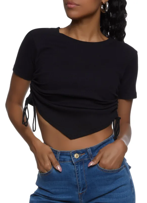 Ribbed Knit Ruched Hanky Hem Tee sold by Rainbow