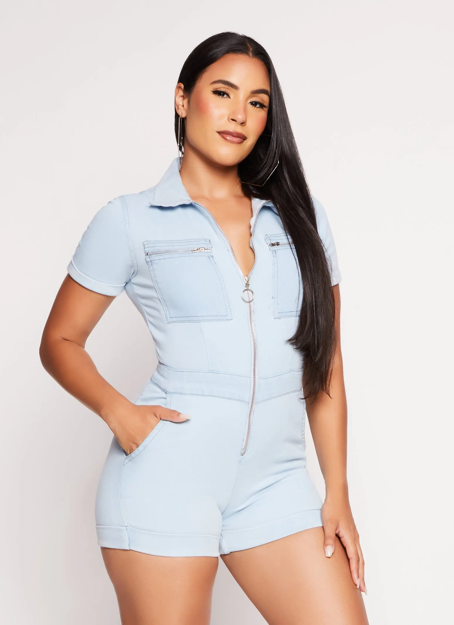 Denim Zip Front Romper sold by Rainbow