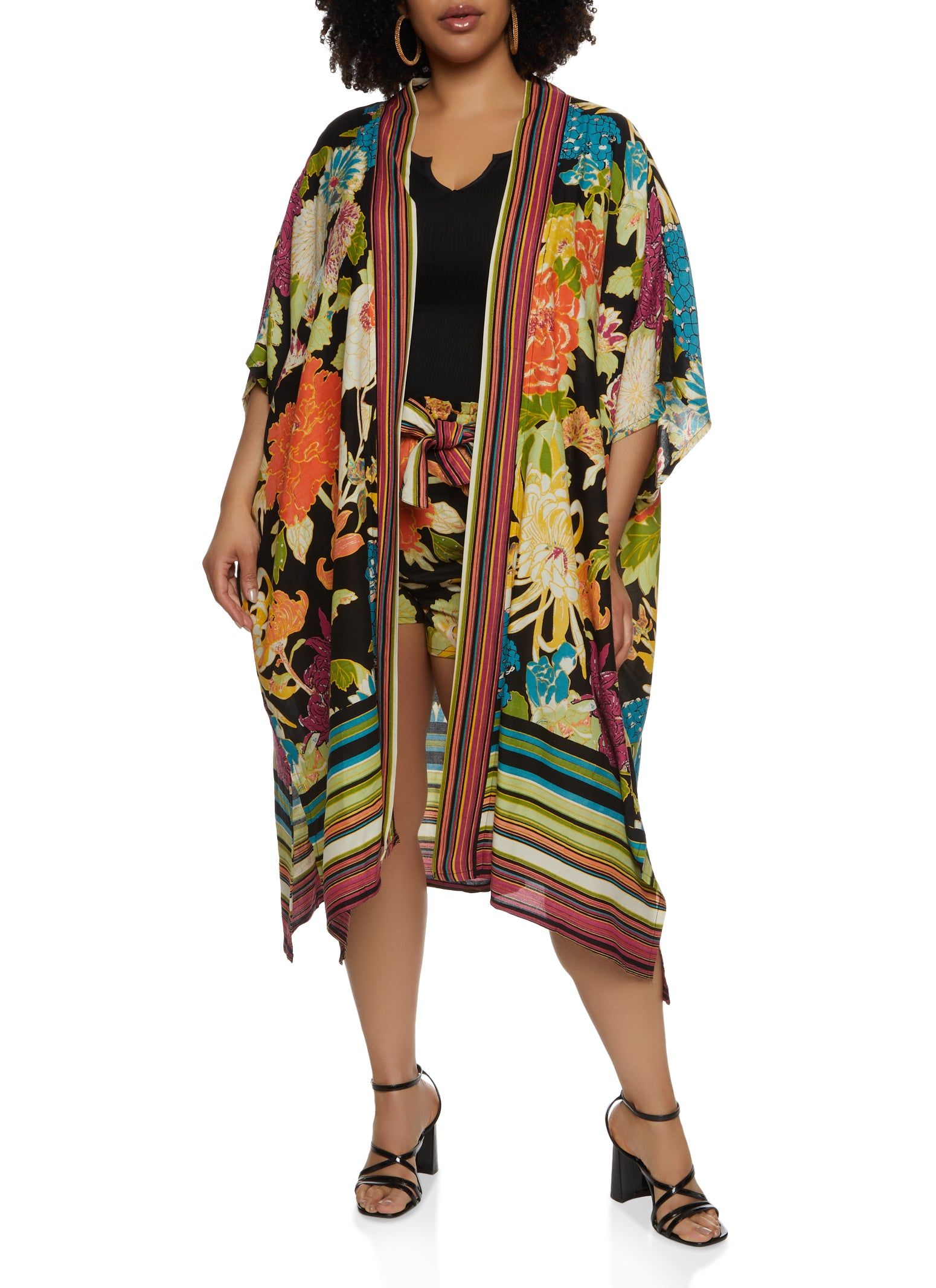 Plus Size Floral Striped Border Print Kimono sold by Rainbow product image thumbnail 3