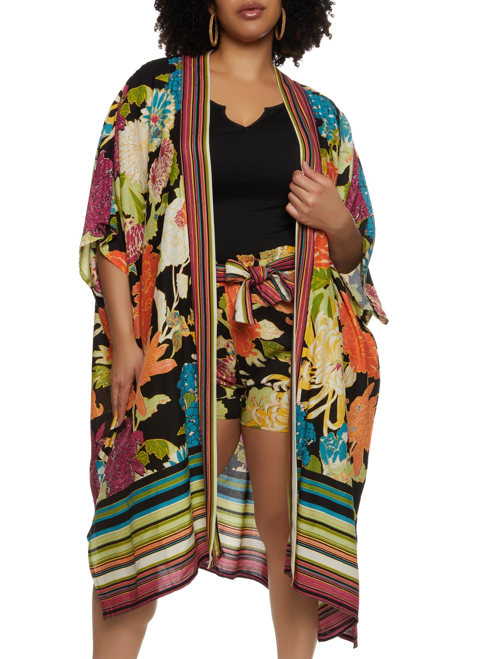Plus Size Floral Striped Border Print Kimono sold by Rainbow product image thumbnail 2