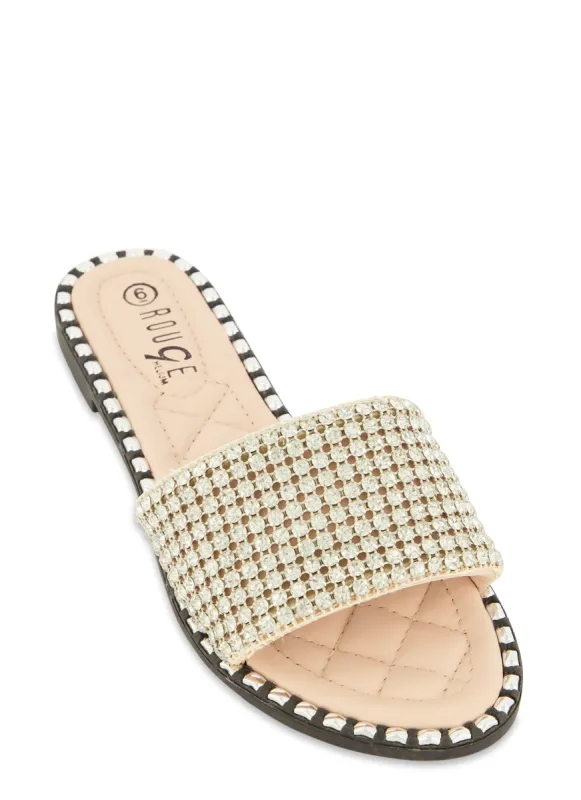Studded Trim Rhinestone Single Band Slide Sandals sold by Rainbow