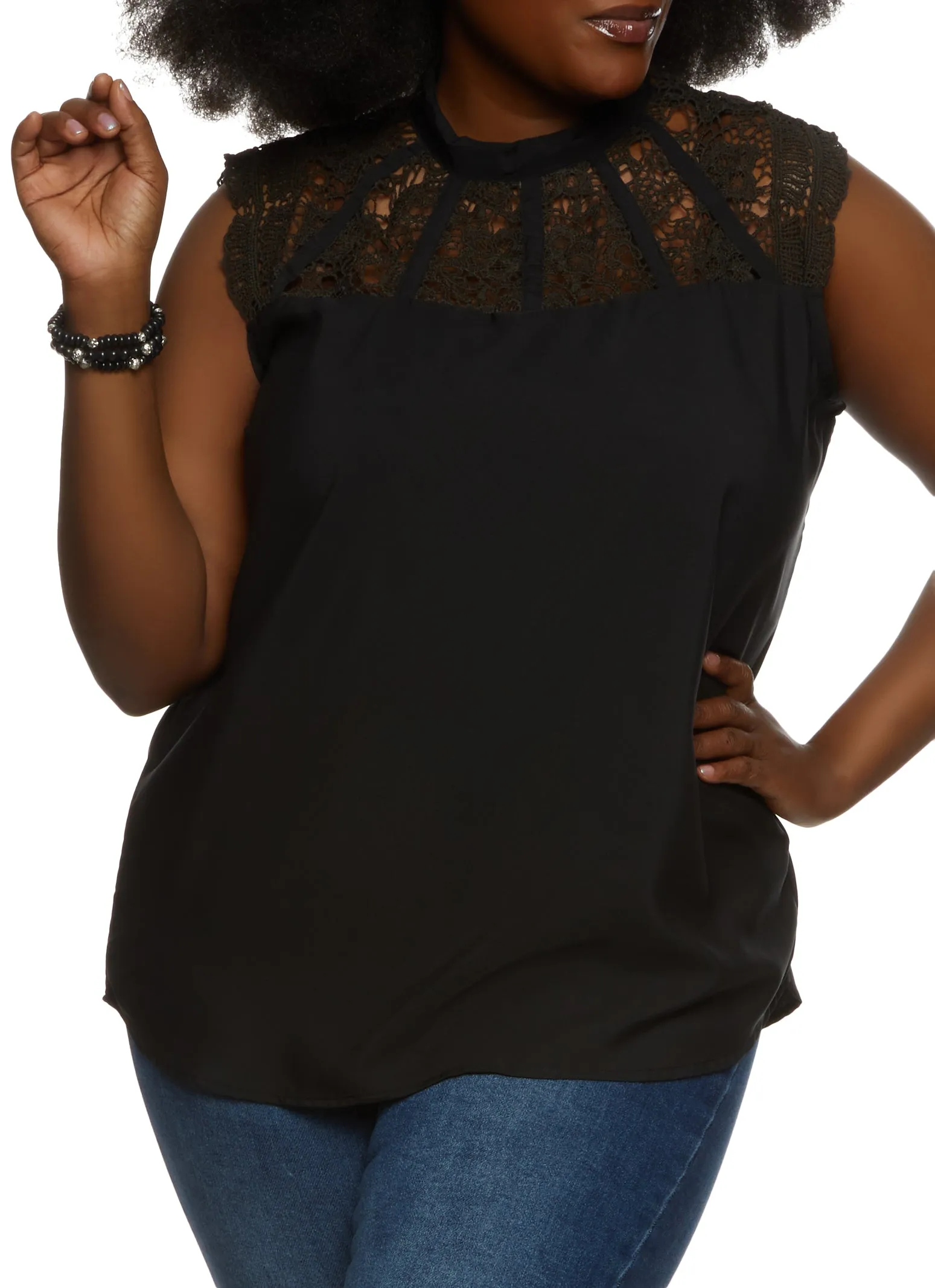 Plus Size Crochet Detail Mock Neck Sleeveless Blouse sold by Rainbow