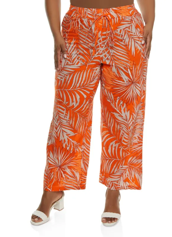Plus Size Palm Print Drawstring Wide Leg Pants sold by Rainbow