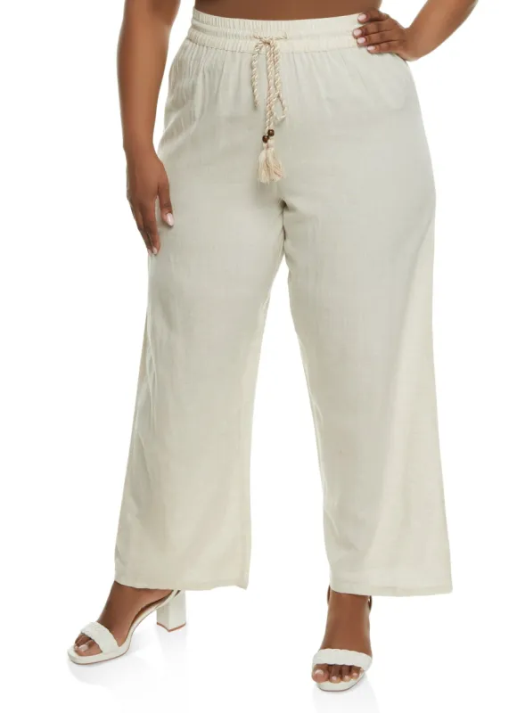 Plus Size Linen High Waist Drawstring Wide Leg Pants sold by Rainbow