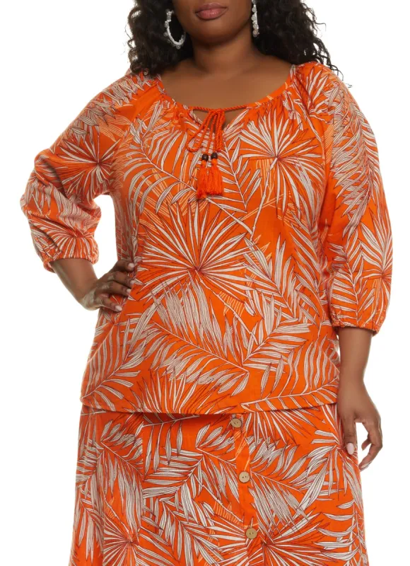 Plus Size Palm Printed Tie Neck Peasant Top sold by Rainbow